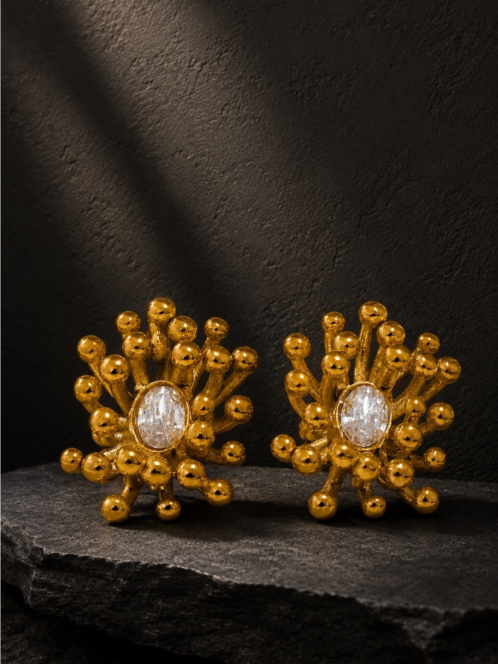 Vogue Gold tone Sunburst Cluster Stud Earrings with Clear Stone - Picture 6 of 7